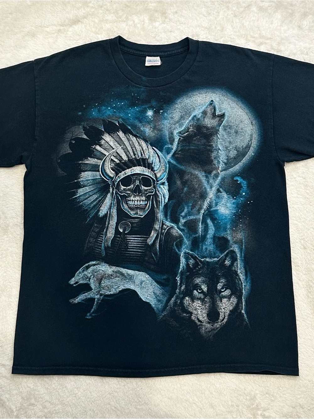 Wolf Graphic T Shirt Skull Chief Moon Headdress Black Mens Size L Cyber Grunge